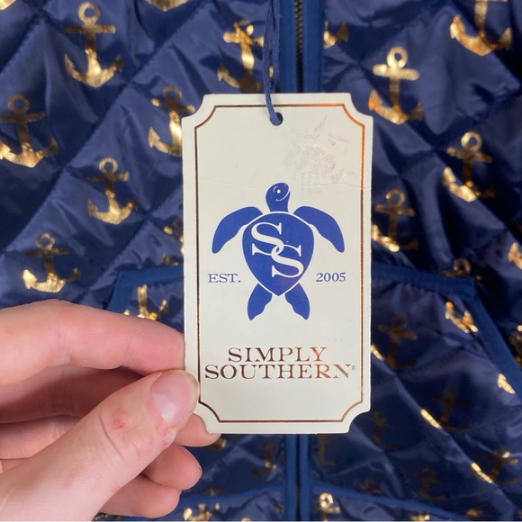 Simply Southern NWT Womens Size Small Full Zip Anchor Print Vest Navy Blue Gold - Picture 4 of 10